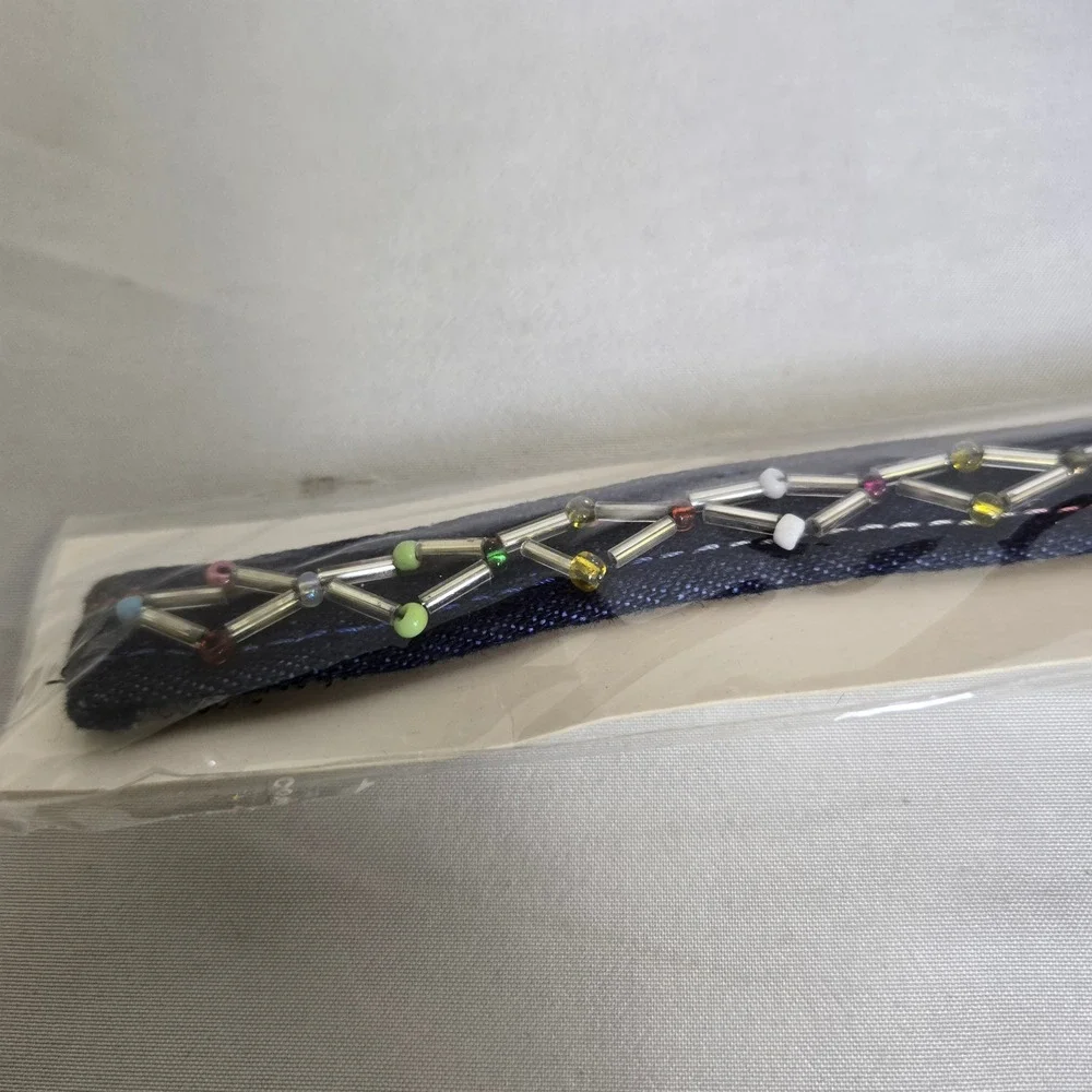 Denim‎ Beaded Bracelet, Retro Vibe, Hook and Loop Closure, 7